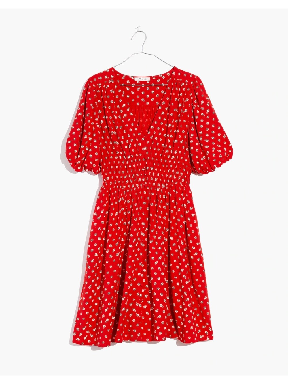 Madewell Sophia Red Bandana Floral Smocked Puff Sleeve Mini Dress Size Medium - Picture 1 of 9